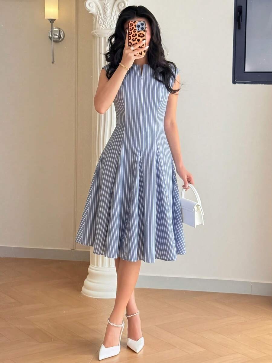 Feyla Women's Striped Cutout V-Neck Cap Sleeve Elegant Short Dress - Blue - View 1
