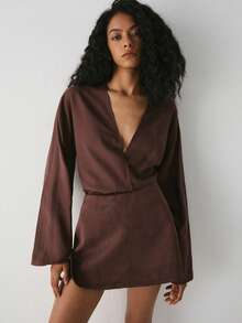 ATUI Studio Women's Linen Viscose Blend Shirt – Breathable Short Sleeve Blouse, Elegant Casual For Office Holiday Date, Beach Vacation Dark Brown Autumn - Brown - View 6