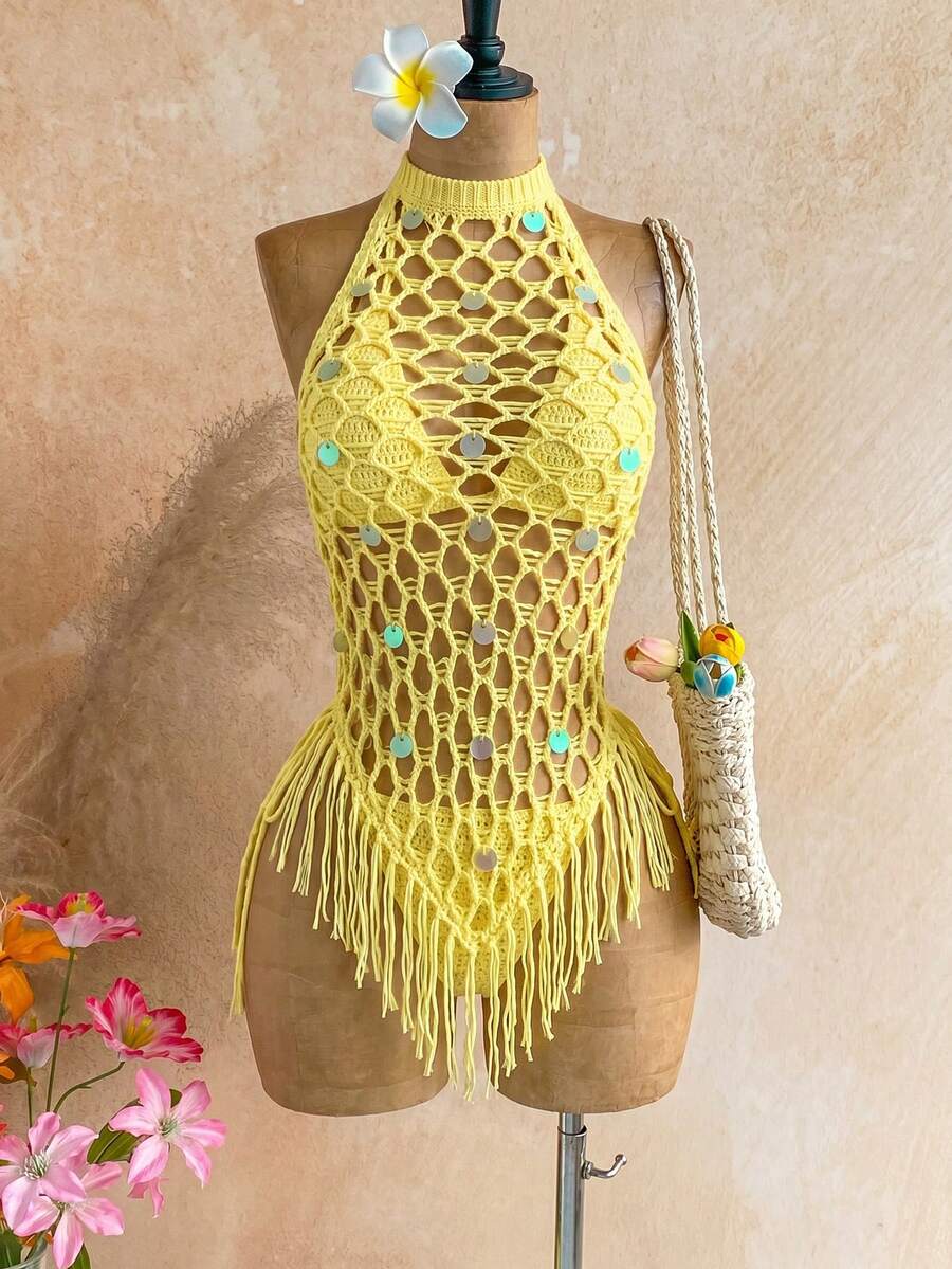 Soleia Women's Solid Color Halter Tie Sexy Tropical Boho Bikini With Triangle Panties And Sequin Fringe Design Dress Knit Set Beach Party Vacation Yellow - Yellow - View 1