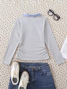 Girls' T-Shirt With Collar, Striped Colorblock, Waist-Cinching, Casual Back To School Academy Style - Blue and White - View 2