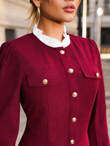 Sandy Gomes Gaun Lengan Panjang Elegan dengan Kerah Tegak dan Kancing Depan, Warna Kontras, Warna Burgundy, Pakaian Wanita untuk Musim Gugur - Burgundy - View 5
