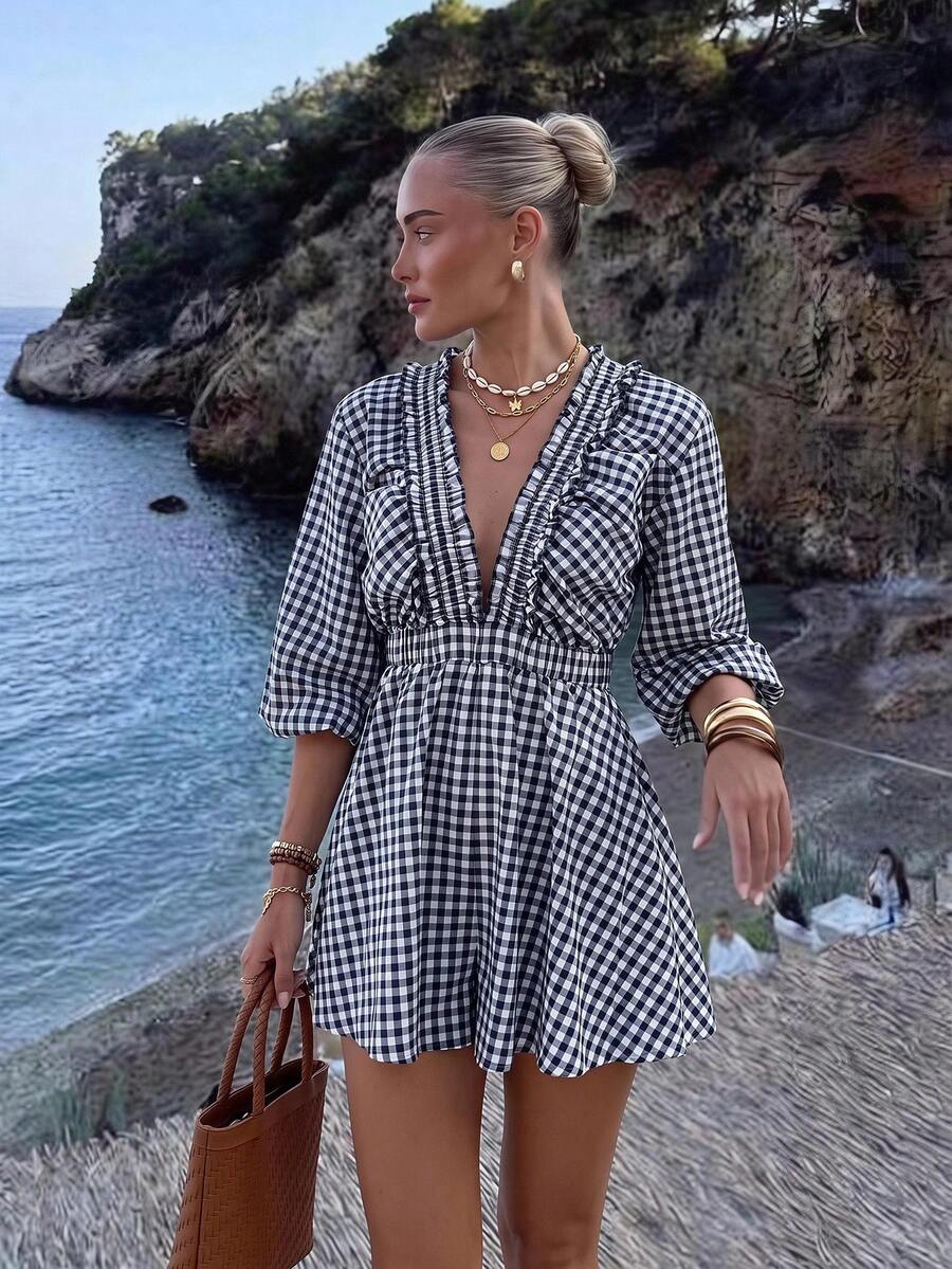 KARISMINA Woven Plaid V-Neck Puff Short Sleeve Women's Jumpsuit - Navy Blue - View 1