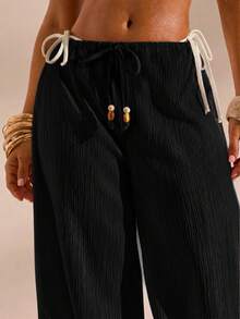 Opulessa Women's Solid Color Waist Tie Cover-Up Pants For Vacation - 黑色 - 查看 7
