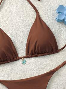Soleia Women's Solid Color Swimwear Set For Vacation & Beach - Coffee Brown - View 5
