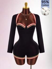 Amplova Underwire Cup Detail Fitted Long Sleeve Square Neck Flat Knit Colorful Mini Jumpsuit - Black - View 9