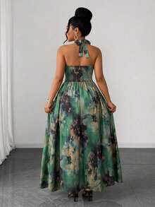 Reflora Vestido de verano elegante con estampado floral, espalda descubierta y cuello halter, talla grande - Beis - Ver 3