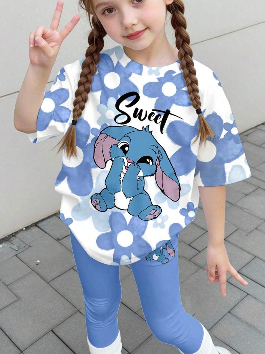 SHEIN Kawaii Young Girls 2-Piece Set Blue Rabbit Stitch Pattern,Graphic Tops & Tight Shorts,Korean Style Summer School Outfits,Casual Ballerina Floral Set - Multicolor - View 1