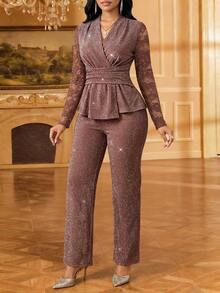 SHEIN Lady Women's Brown Glitter Metallic Lace Sheer Long Sleeve V Neck Peplum Top Wide Leg Pants Elegant Matching 2 Pieces Set Sparkly Party Evening Cocktail - Brown - View 7
