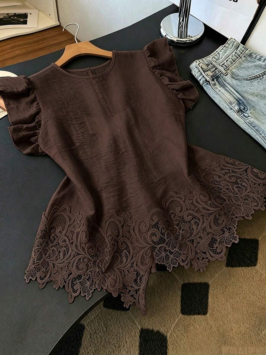 GlowEve CURVE Plus Size Woven Plain Color Fashionable Daily Casual Patchwork Lace Summer Resort Commuting Women's Shirt - Coffee Brown - View 1