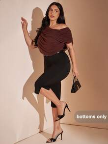 SHEIN BAE CURVE 大尺碼女款緊身 7/8 側開衩腰帶時尚修身街頭風內搭褲 - 黑色 - View 3