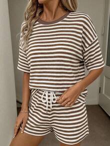 SHEIN LUNE Women's Knit White And Brown Textured Fabric Versatile T-Shirt Shorts 2 Pieces Set Beach Summer Casual - Multicolor - View 4