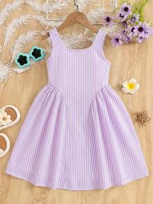 Emery Rose Kids Emery Rose Kids 女孩編織黃色條紋休閒細肩帶洋裝 夏季海灘度假小洋裝 蝴蝶結設計 薰衣草色 假期穿搭 - 粉色 - 查看 5