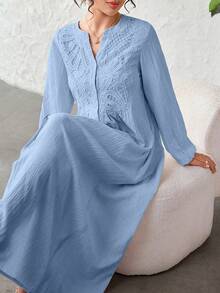 Al Najma V領刺繡拼接紋理純色阿拉伯風洋裝 - 藍色 - 查看 7