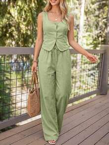 Coeurva Women's Light Green 2 Piece Set Square Neck Sleeveless Slim Fit Relaxed Drawstring Fall Autumn Elegant Refined Walking Earth Tone Mid-Length Summer - Olive Green - View 3