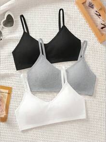 SHEIN Tween Girl 3件組 女童簡約基礎款 V領加墊透氣內衣套裝 白色 - 彩色 - 查看 8