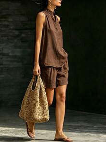 SHEIN Women's Solid Color Notch V-Neck Top And Shorts Casual Daily Set - Coffee Brown - View 4
