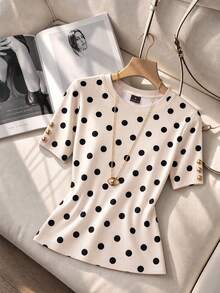 GlowEve Women's Polka Dot Print Short Sleeve Top, Elegant Round Neck Top, Casual Slim Fit, French Vintage Style, Minimalist Classic Black And White Polka Dot Top, Summer Fashion Top, Cuff Button Decoration, Soft And Comfortable Fabric, Suitable For Commuting, Office, Business Casual, Daily Wear, Dating, Gathering, Vacation, Travel And More - Apricot - View 4