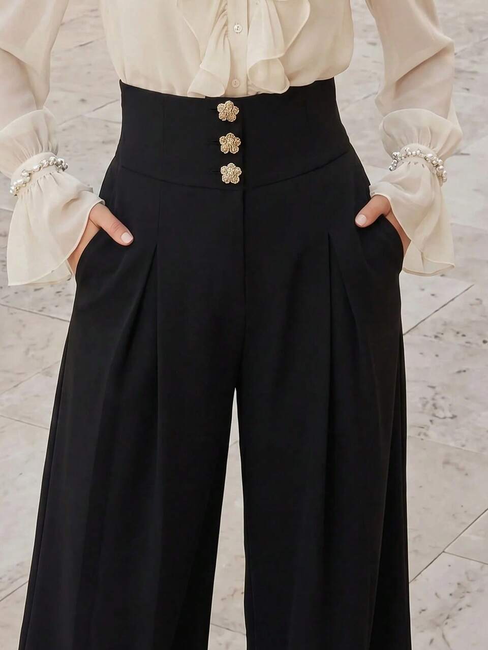 Women's Black High-Waisted Wide Leg Suit Pants With Gold Buttons And Pleats, Drapey Suit Fabric, All-Season Commute Elegant Office And Date Style