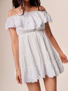 Willow Rêve Women's White Embroidered Ruffle Trim Bandeau Mini Dress, Romantic Cottage Core Vacation Style, Boho, Valentine's Day, Elegant Short, Summer Dresses - White - View 7