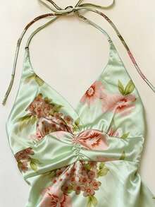 SHEIN Top elegante romántico retro con estampado floral y decoración de pedrería, cuello halter y silueta A para mujer - Multicolor - Ver 4