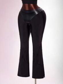 Amplova Women's Triangle Patchwork Suede Sporty Sexy Tight-Fitting Bodycon Waist-Cinching Low-Waist Skinny Long Pants Halloween Club Black Autumn - Black - View 6