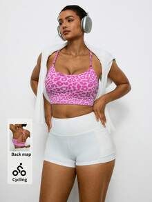 Voyena Damen Sport-BH in großen Größen mit Leopardenmuster und Kreuzdesign, geeignet für Yoga, Laufen und andere Sportarten. Rosa Leopardenmuster Sport-BH, Leopardenmuster Sport-BH, Gepardenmuster Sport-BH. - Pink - Übersicht 1