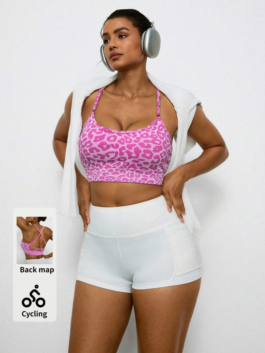 Voyena Damen Sport-BH in großen Größen mit Leopardenmuster und Kreuzdesign, geeignet für Yoga, Laufen und andere Sportarten. Rosa Leopardenmuster Sport-BH, Leopardenmuster Sport-BH, Gepardenmuster Sport-BH. - Pink - Übersicht 1