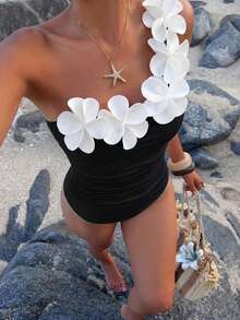 Bonvoyette New Women's One-Piece Swimsuit With 3D Floral Design In White, Spring/Summer Style, Elegant Noble Romantic, Suitable For Vacation Travel, Casual Beach, Pool Photography, Party Date - Multicolor - View 3