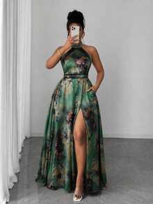 Reflora Vestido de verano elegante con estampado floral, espalda descubierta y cuello halter, talla grande - Beis - Ver 2