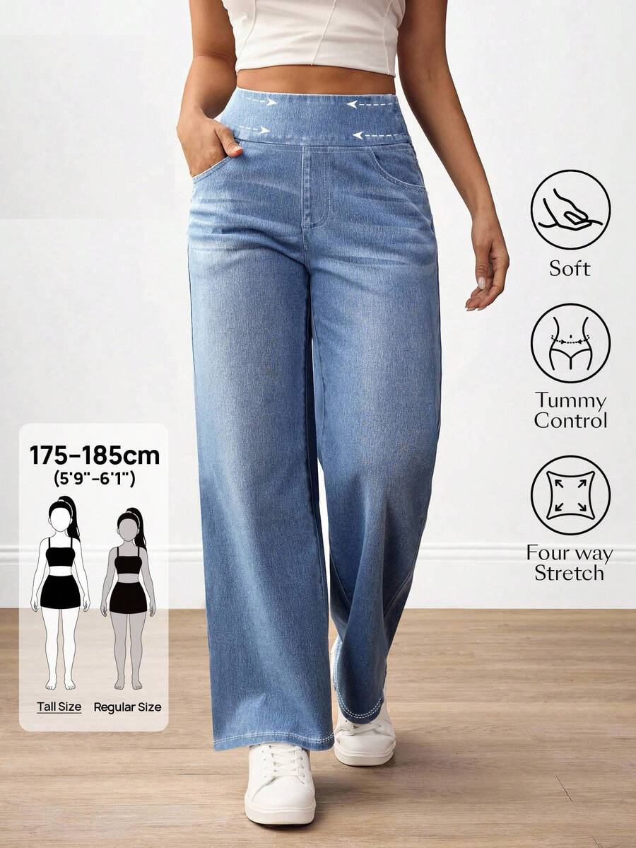 SHEIN Tall 女款素色休閒簡約牛仔褲,適合高個女性 - 藍色 - 查看 1