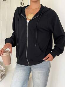 SHEIN EZwear Zip Up Raglan Sleeve Drawstring Hoodie,Long Sleeve Tops In Autumn/ Back-To-School School Black Casual - Black - View 6