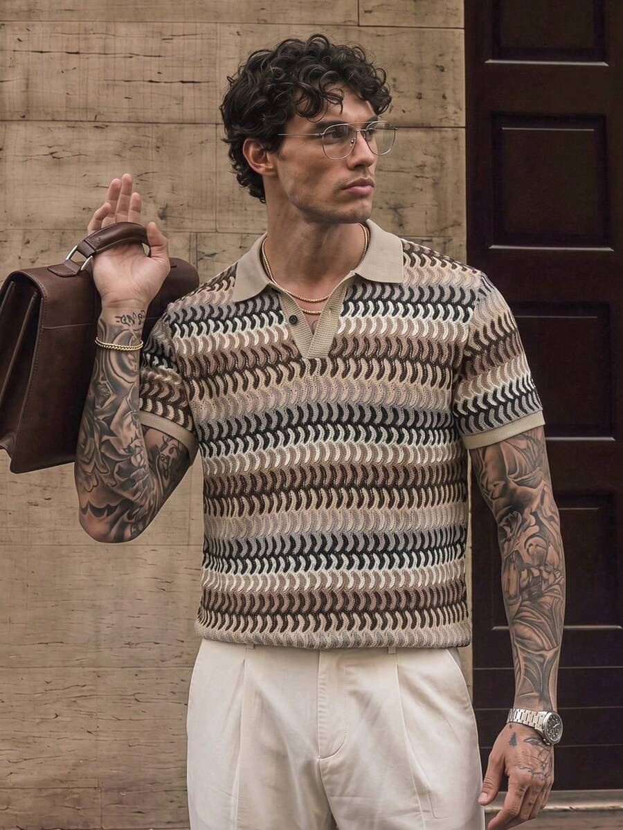 SERO LANO Men's Knit Jacquard Solid Color Textured Multi-Color Fabric Collar Cuff Ribbed Placket Apricot Waffle Knit Two-Button Black Button Polo Shirt - Multicolor - View 1