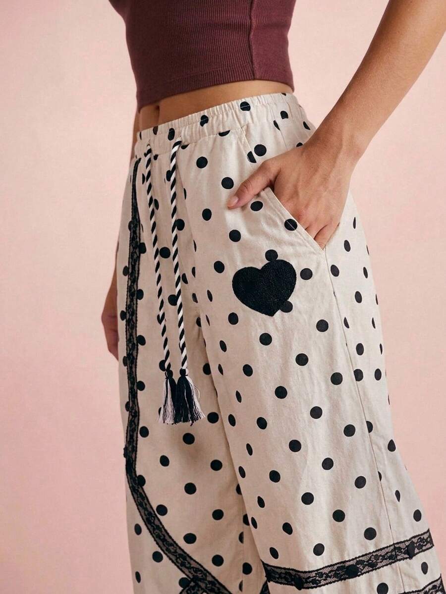 Bohemela Casual Cute Woven Polka Dot Pattern Loose Cuffed Women's Long Pants Vacation Pink Autumn - White - View 1