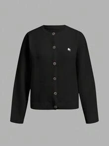 SHEIN BASICS 休閒極簡風開襟針織衫，適合秋冬，復古優雅通勤百搭保暖，胸前馬標 3D 刺繡圖案，沙灘穿搭、度假穿著、女款夏季穿著、外出穿搭 - 黑色 - 查看 3