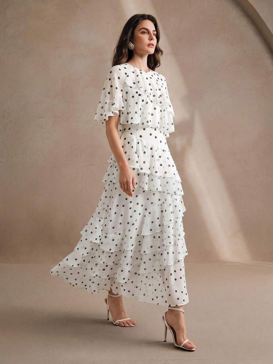 Anewsta Women's New Chiffon Black Polka Dot Round Neck Loose Casual Dress Short Sleeve Multi-Layer Asymmetrical Ruffle Design Romantic Beach Holiday Vacation Daily Wear