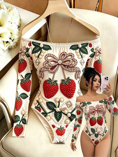 GlowEve Women's Strawberry Print Off-Shoulder Jumpsuit
