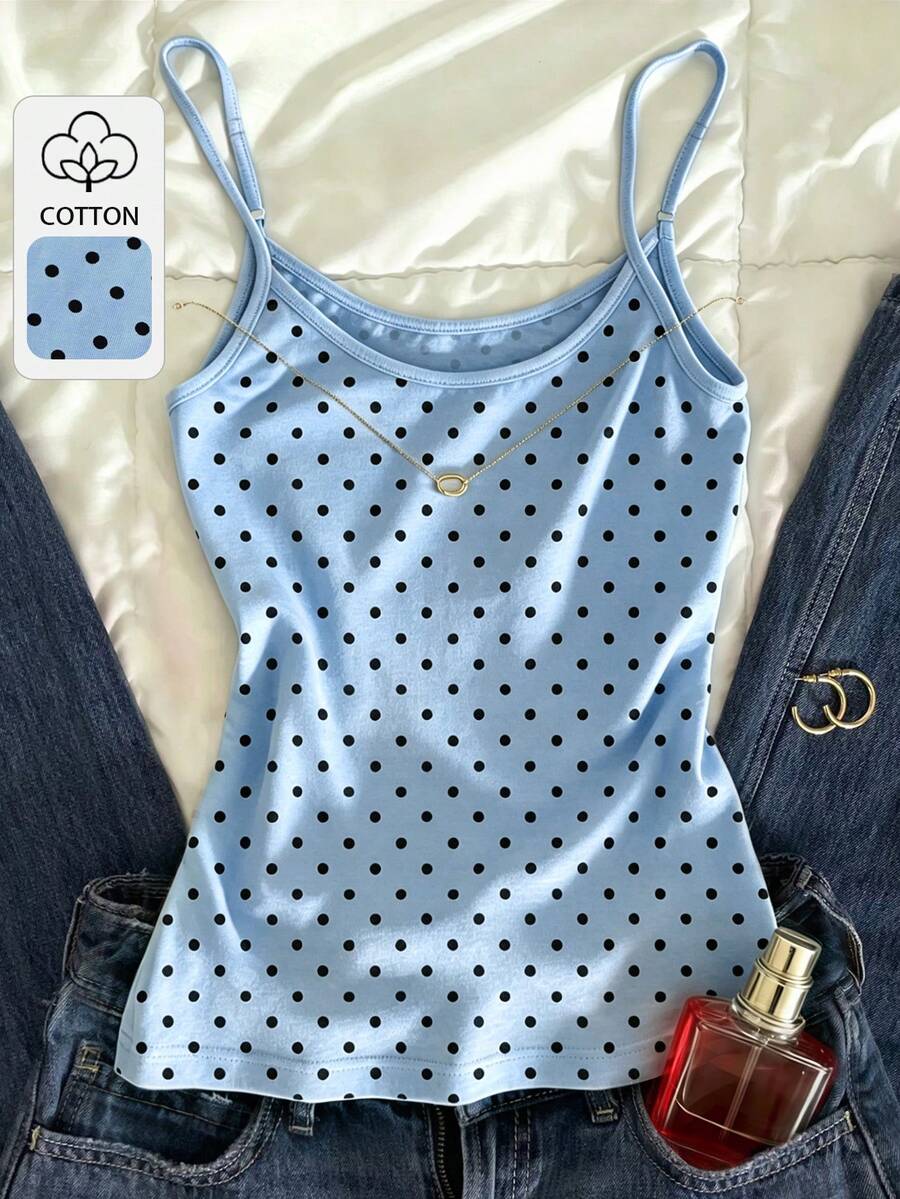 IslaSuriya 夏季休閒波點印花細肩帶背心 - 藍色 - 查看 1
