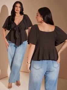 SHEIN BAE CURVE 大尺碼女款棕色荷葉袖不對稱下擺上衣 - 棕色 - 查看 1