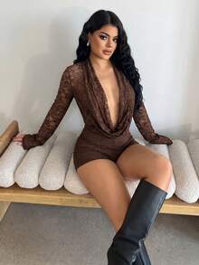 Dayanna Comas 女士时尚性感深V领蕾丝连体裤 - 咖啡棕 - 查看 1