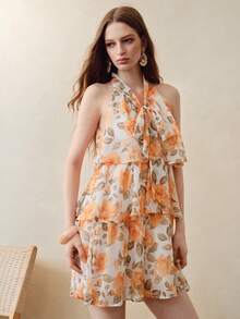 Zanirela Orange Rose Floral Print Halter Neck Tie Dress, Cold Shoulder Sleeveless Tiered Ruffle Hem, Slim Fit Flattering Sweet Vacation Style Mini Dress - Multicolor - View 6