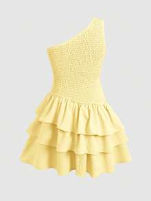 SHEIN Tween Girl Summer Casual Vacation Minimalist Comfortable Layered Ruffle Hem Strapless Puff Dress, Tween Girl Outfit, Girls Dress Suitable For Multiple Occasions, Wearable All Seasons - Yellow - View 2