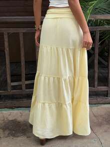 Sunnyshic Summer Fashion French Style Gentle Vacation Beach Versatile Casual Multi-Layer Ruffle Cake Skirt For Women - Yellow - View 2