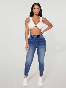 SHEIN PETITE 高腰鈕扣裝飾修身彈性破洞Y2K牛仔褲，內層保暖加厚牛仔褲，附口袋，秋冬加厚丹寧，適合嬌小女性 - 藍色 - 查看 3