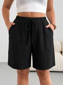 Shapeblank Shorts casuales versátiles de uso diario para mujer talla grande, color liso, con cintura con cordón - Negro - Ver 2
