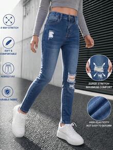 SHEIN 女童淺藍色復古牛仔女郎水洗做舊直筒高彈力緊身牛仔褲，時尚百搭，適合戶外運動與夏季 - 中等水洗藍 - 查看 11