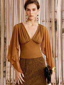 Arave Women's Top Slim Fit Chiffon Patchwork V-Neck Ruched Flowy Split Wide Sleeves Elegant Mature Camel Solid Blouses Brunch Tea Party Summer - Brown - View 6