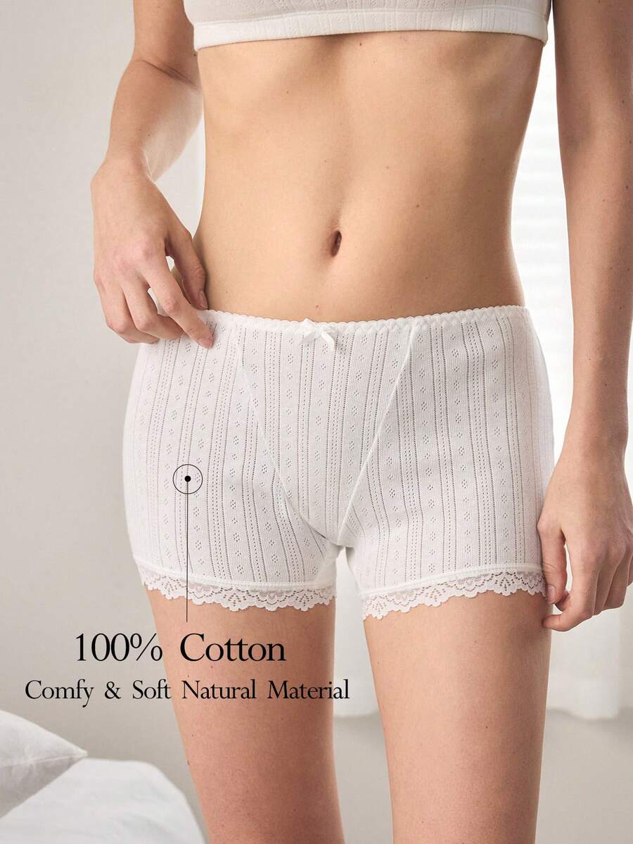Ocili Women's Pure Cotton Knitted Jacquard Comfortable Patchwork Mini Lace Bow Decor Boxer Briefs - White - View 1
