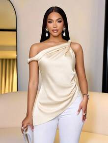SOLERSUN Women's Summer Satin Asymmetric One Shoulder Twist Knot Ruched Blouse Chic Office Workwear - Apricot - View 4