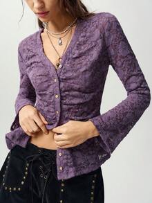 Bohemela 女款蕾絲單排扣修身百搭休閒上衣 - 淡紫色 - 查看 7