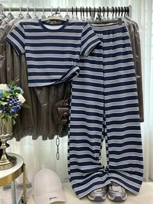 青少年女孩休閒拼色運動學院風條紋圓領短袖T恤與寬鬆長褲兩件套，適合春夏 - 彩色 - 查看 2